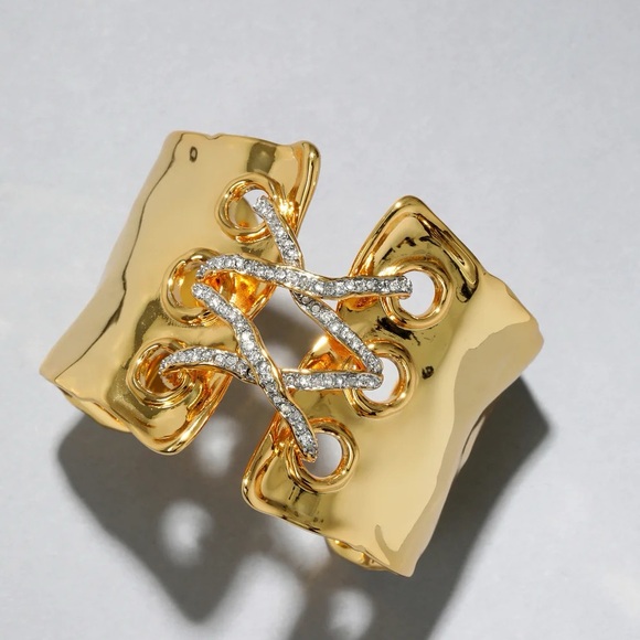 ALEXIS BITTAR• Solanales Gold Silver Crystal Lace Up Corset Cuff Bracelet - Picture 5 of 8